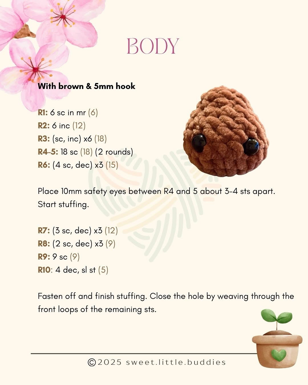 Sprout Free Crochet Pattern: Cute Brown and Pink Flower Amigurumi by Sweet Little Buddies
