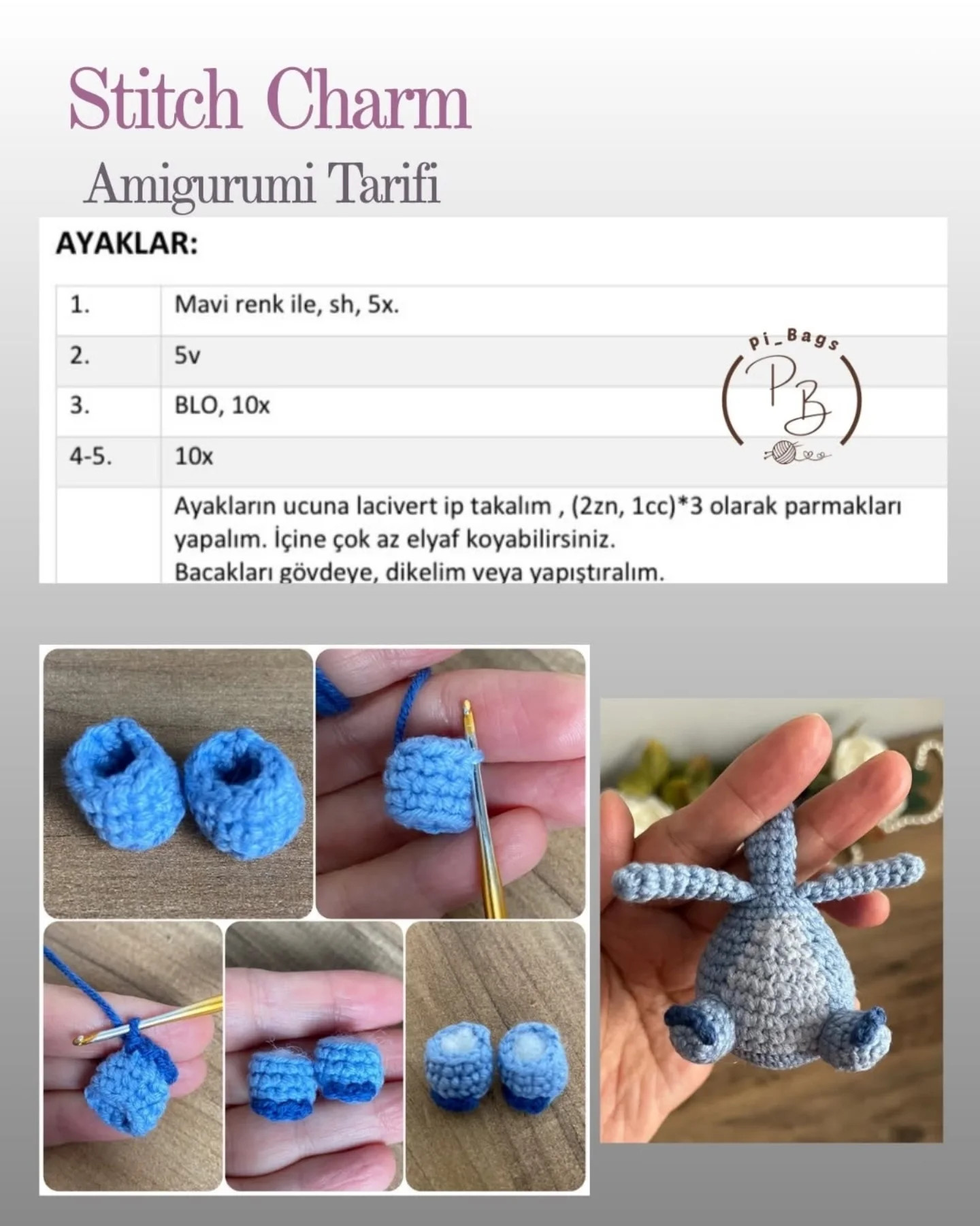 Stitch Charm Amigurumi Tarifi - Mavi Stitch Búp bê Móc len