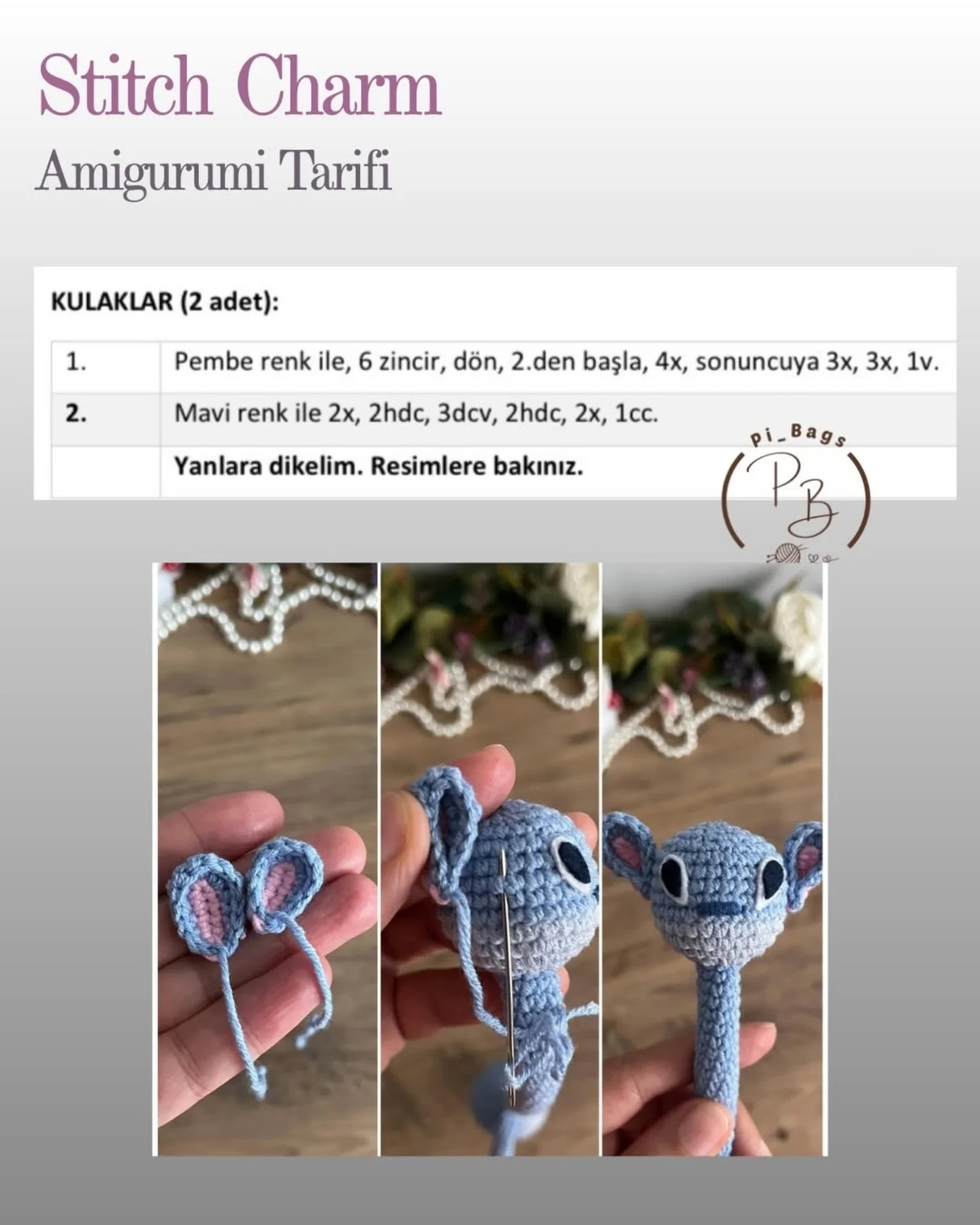 Stitch Charm Amigurumi Tarifi - Mavi Stitch Búp bê Móc len