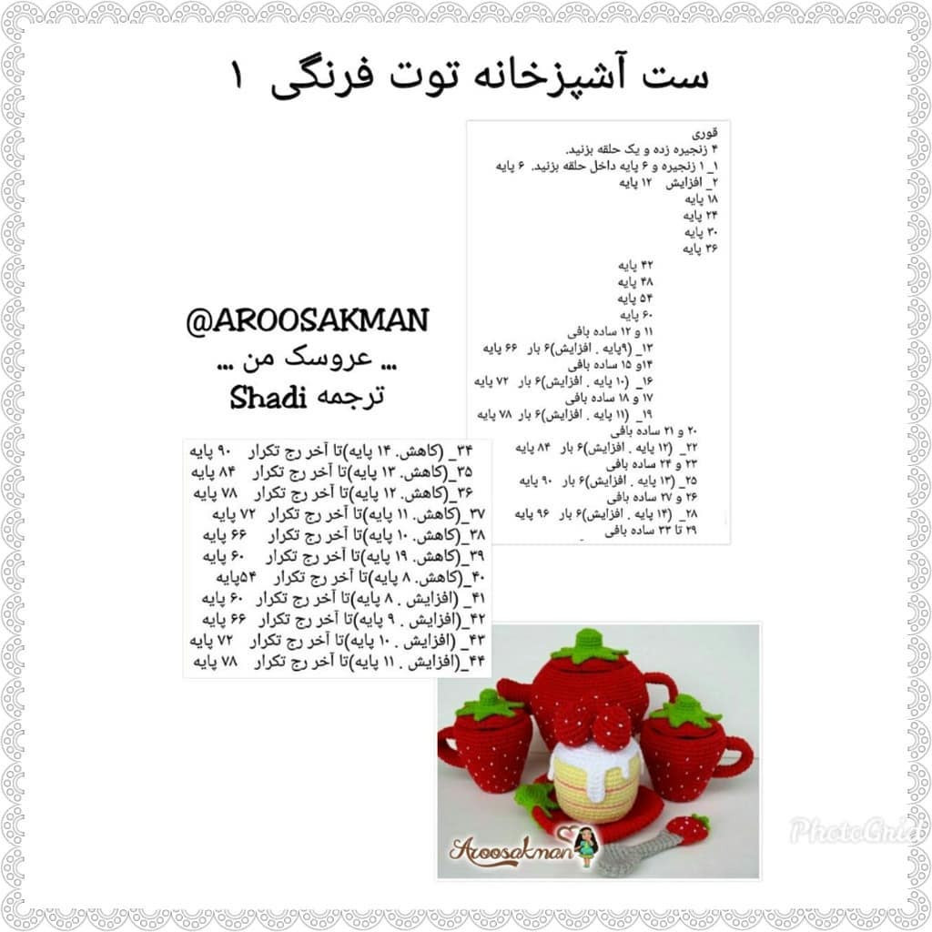 Strawberry Kitchen Set Crochet Pattern: Teapot, Cups, Cake and Spoon Instructions