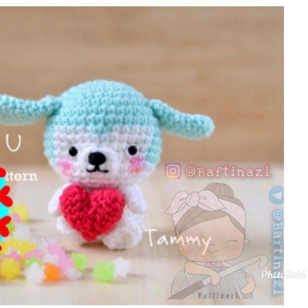 Tammy Amigurumi Pattern: Light Blue and White Crochet Dog with Red Heart