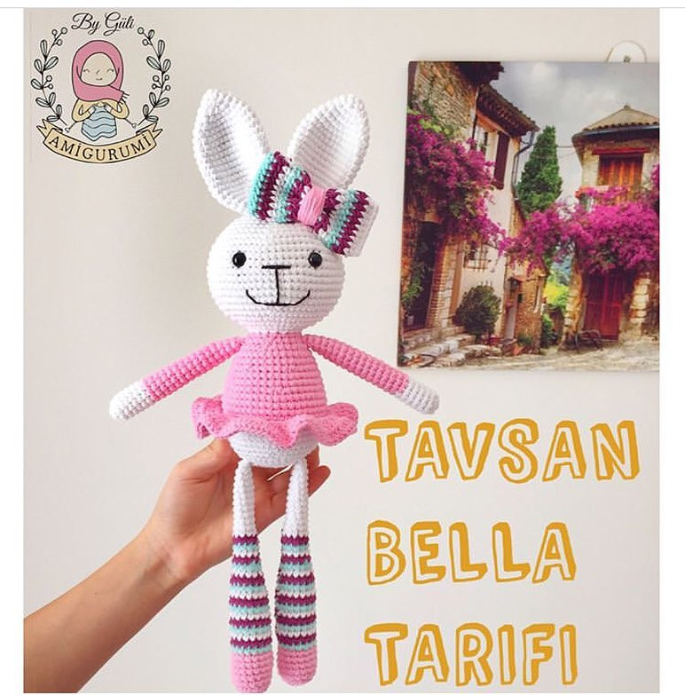 Tavsan Bella Tarifi: Amigurumi Rabbit Pattern with Body, Head, Arms, Ears, Legs, Bow and Skirt Instructions