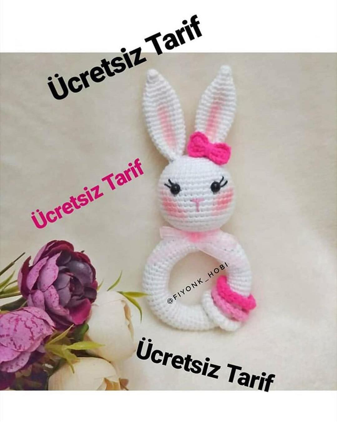 Tavşan cingirak - Ücretsiz Tarif: Móc len vòng tay hình thỏ trắng hồng dễ thương