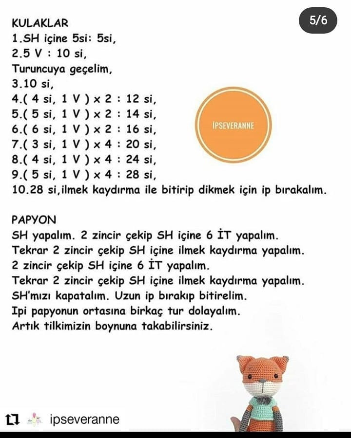 Tilki Lucky Ücretsiz Tarif - Free Crochet Pattern for Cute Orange Fox Amigurumi