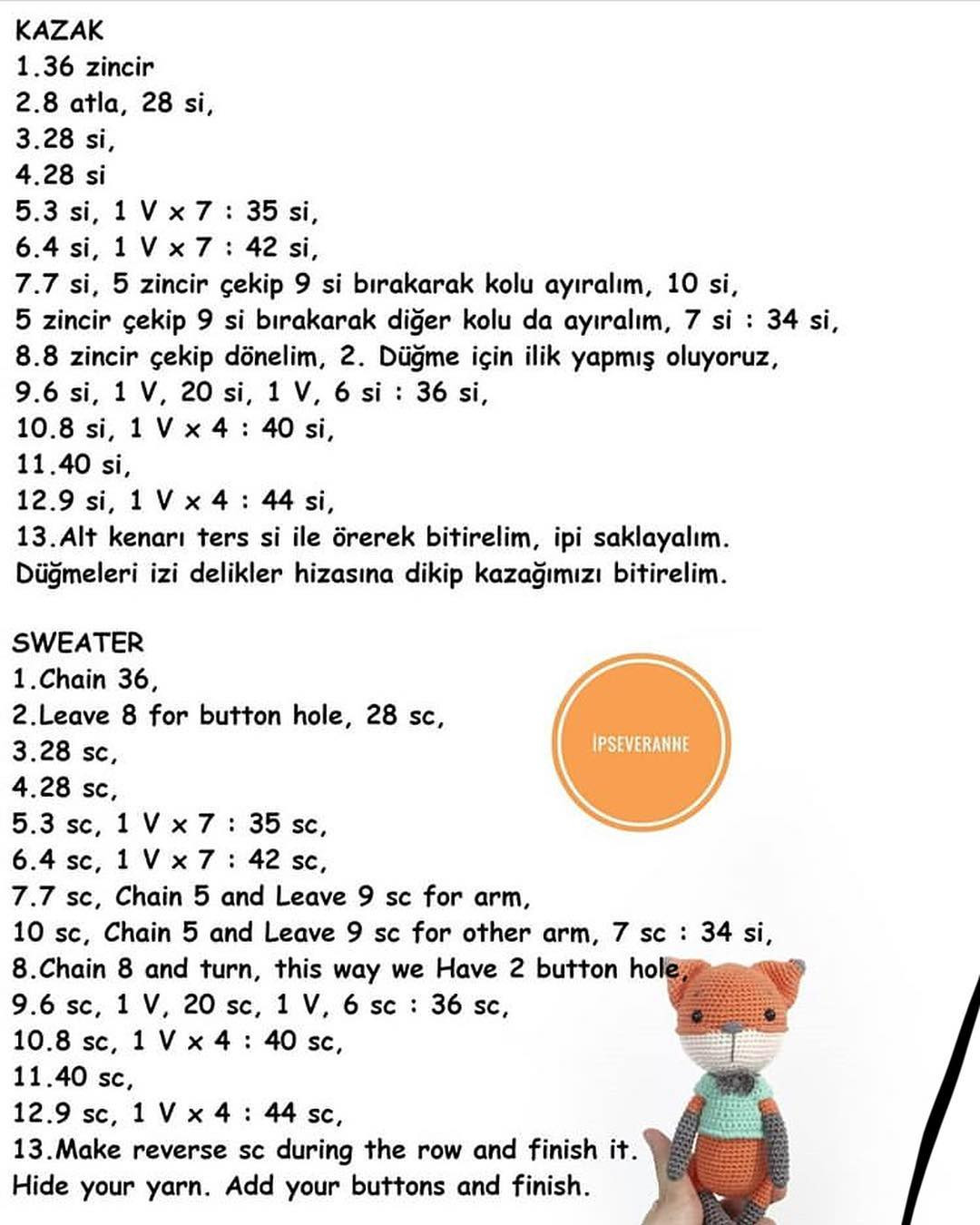 Tilki Lucky Ücretsiz Tarif - Free Crochet Pattern for Cute Orange Fox Amigurumi