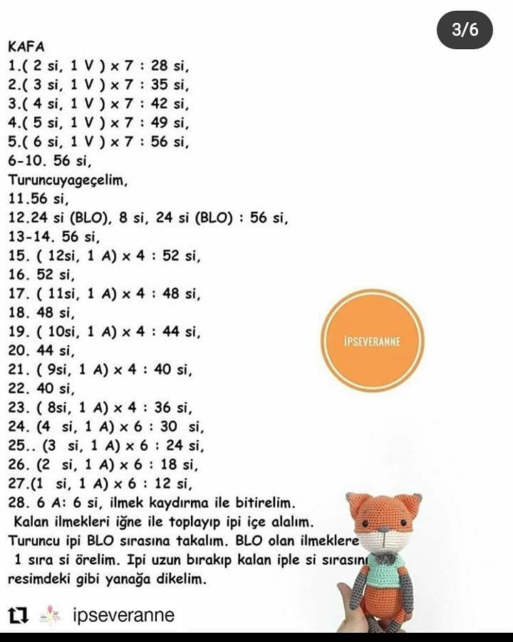 Tilki Lucky Ücretsiz Tarif - Free Crochet Pattern for Cute Orange Fox Amigurumi