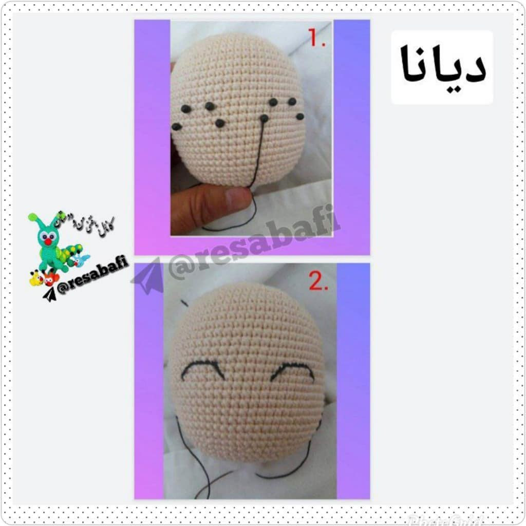 طرح بافت عروسک دایانا با مو قهوه‌ای و لباس سفید