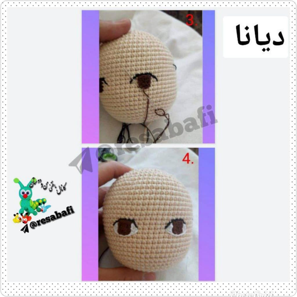 طرح بافت عروسک دایانا با مو قهوه‌ای و لباس سفید