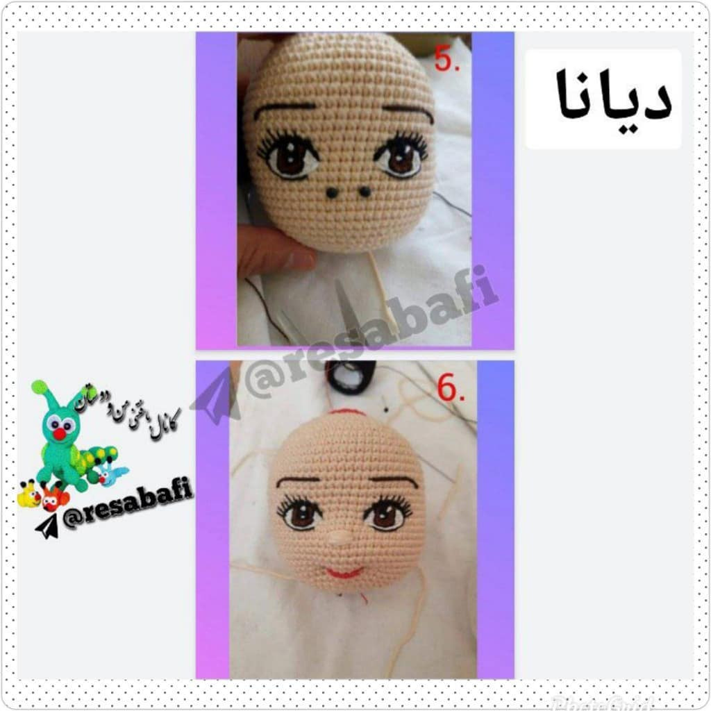 طرح بافت عروسک دایانا با مو قهوه‌ای و لباس سفید