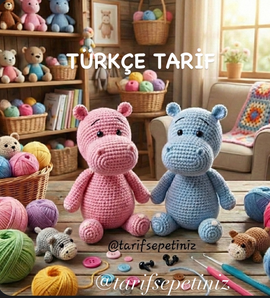 Türkçe Tarifi: Pembe ve Mavi Amigurumi Su Aygırı (Hippo) - Adım Adım Dikiş Şeması