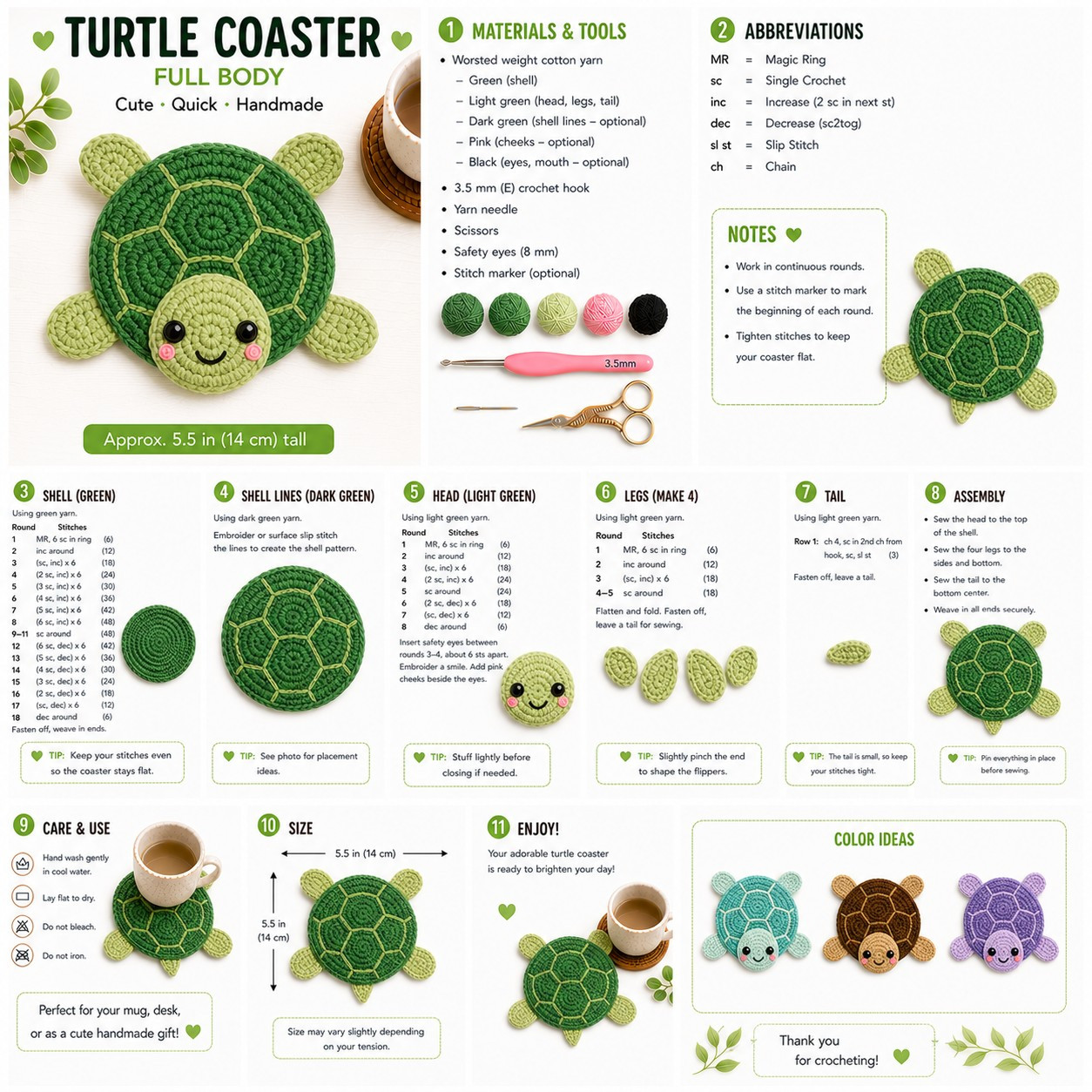 Turtle Coaster Full Body Free Crochet Pattern with Materials and Instructions