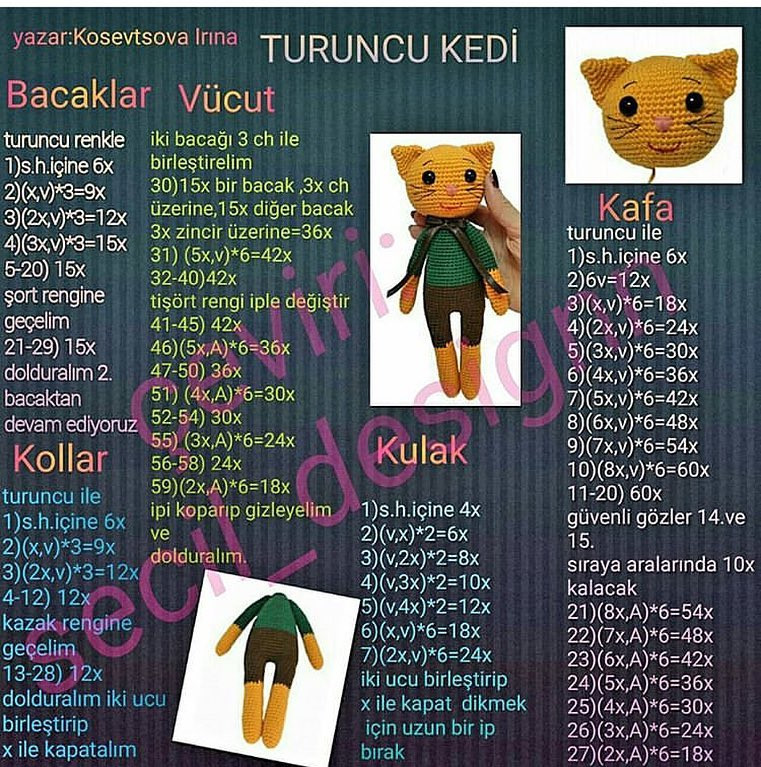 TURUNÇU KEDİ: Móc len búp bê mèo màu cam với áo xanh và quần nâu