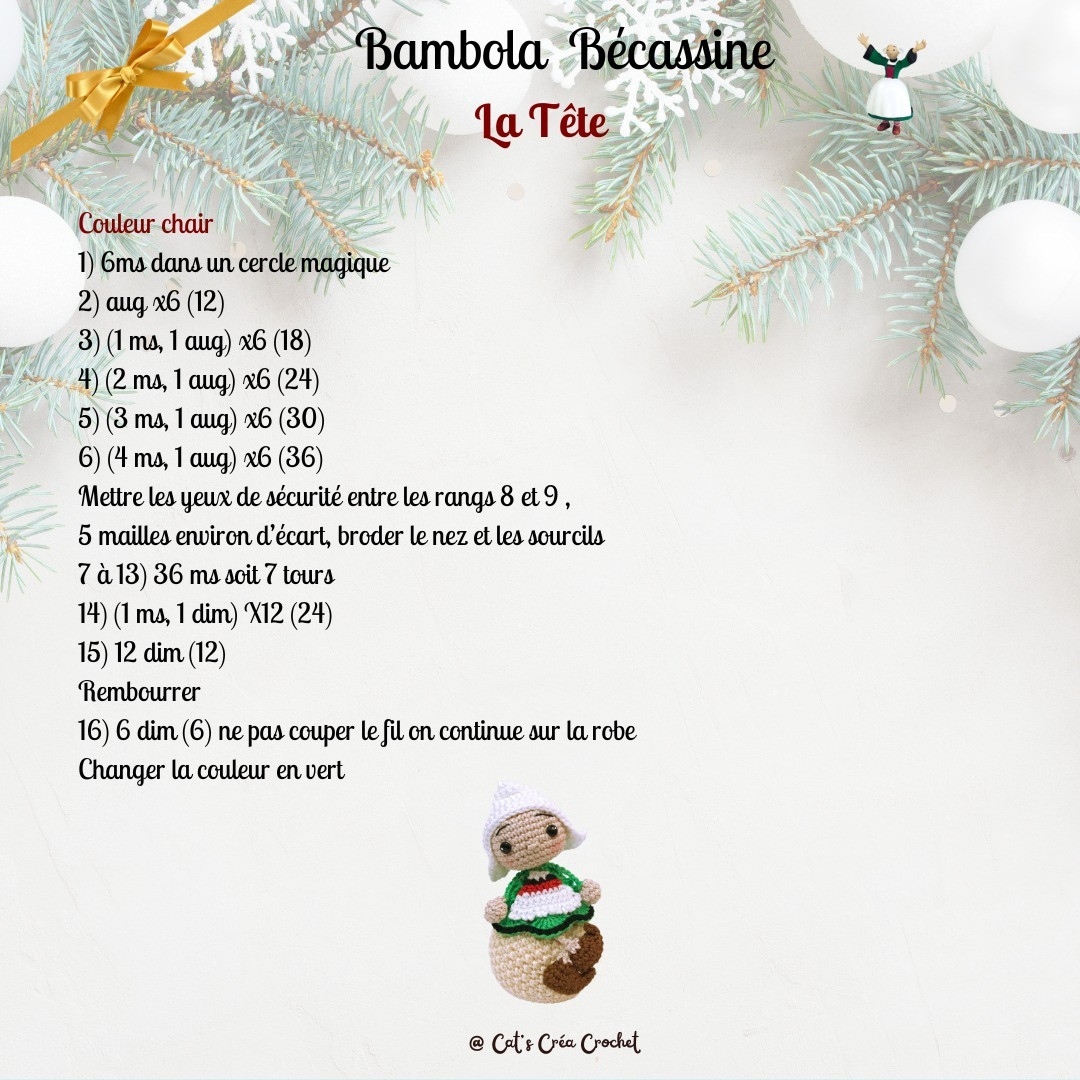 Tutoriel Gratuit Bambola Bécassine : Poupée Amigurumi Noël avec Robe Verte et Cornette Blanche