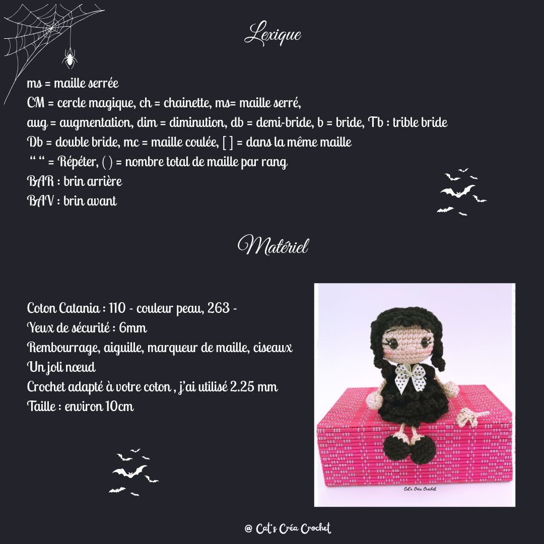 Tutoriel gratuit crochet Bambola Mercredi Addams dans sa robe de bal noire