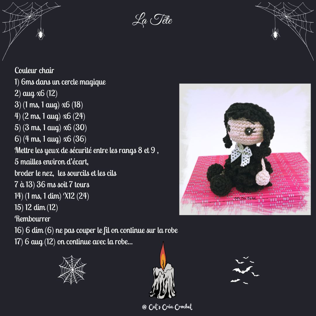 Tutoriel gratuit crochet Bambola Mercredi Addams dans sa robe de bal noire