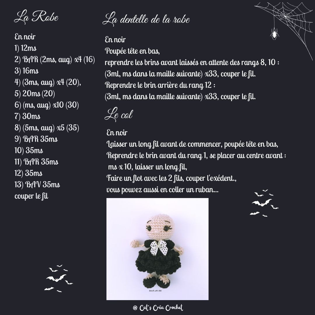 Tutoriel gratuit crochet Bambola Mercredi Addams dans sa robe de bal noire
