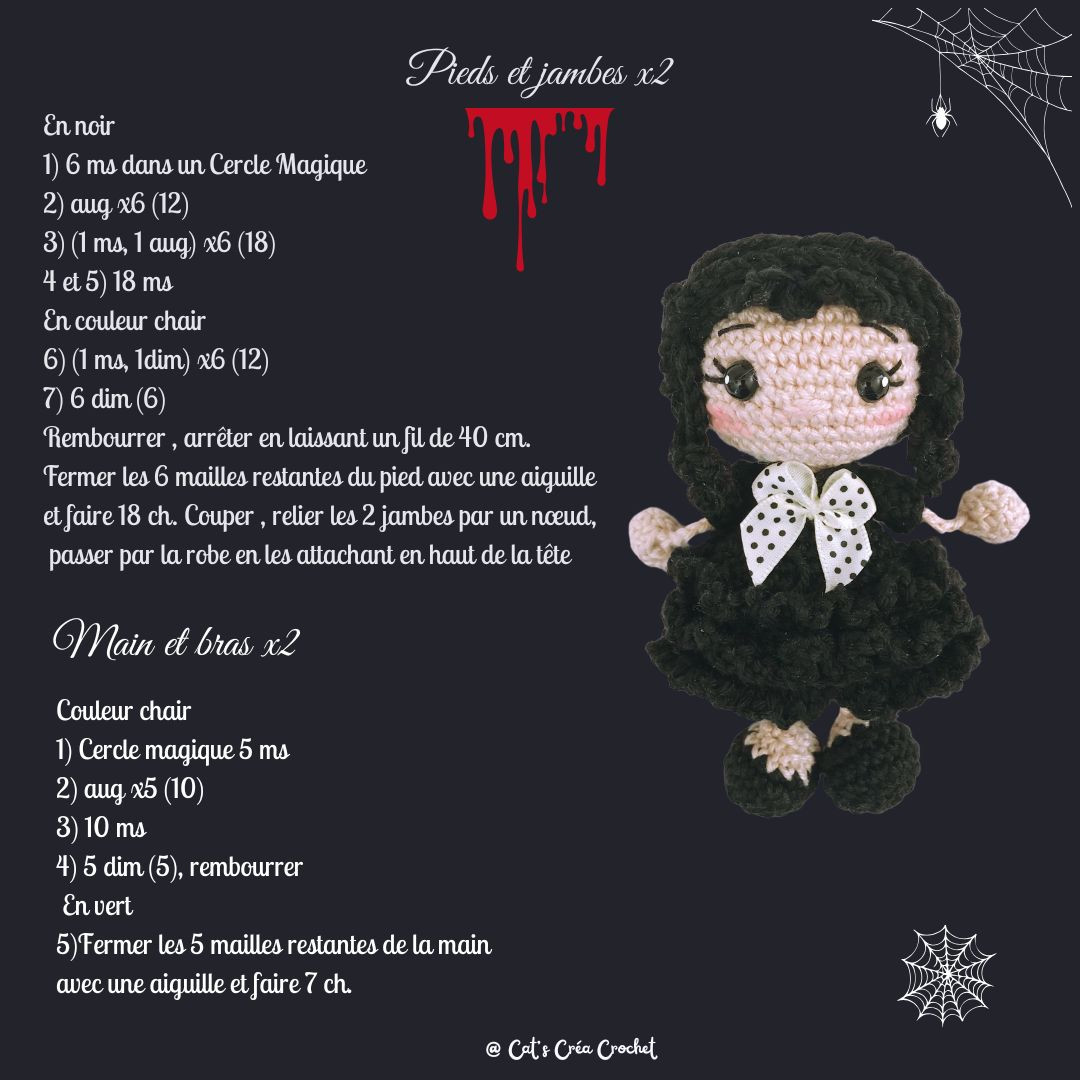 Tutoriel gratuit crochet Bambola Mercredi Addams dans sa robe de bal noire