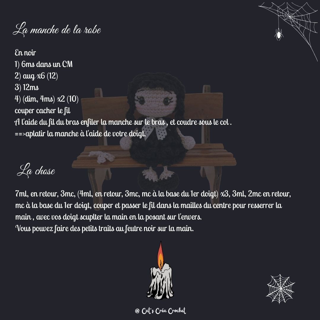 Tutoriel gratuit crochet Bambola Mercredi Addams dans sa robe de bal noire
