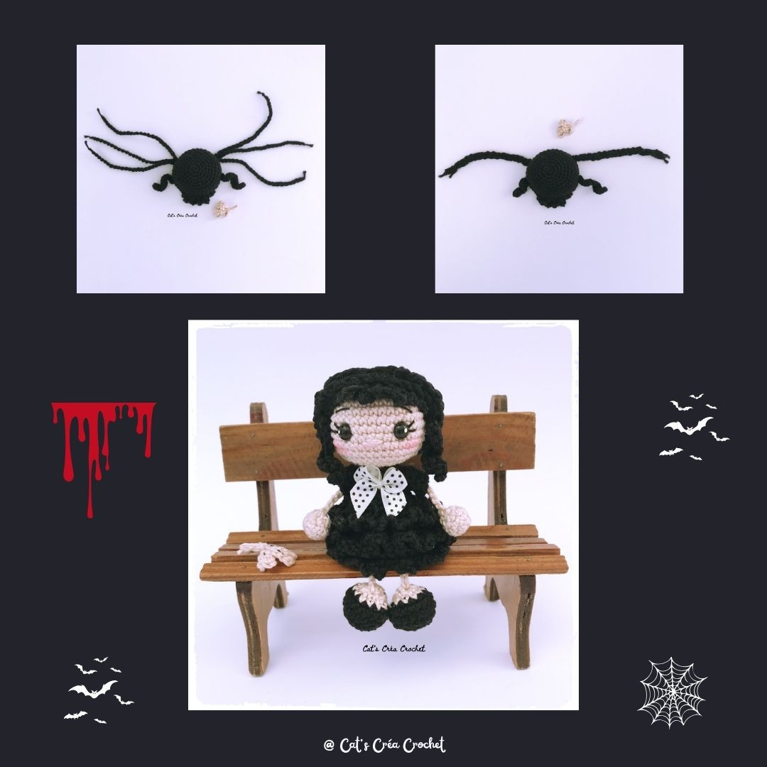 Tutoriel gratuit crochet Bambola Mercredi Addams dans sa robe de bal noire
