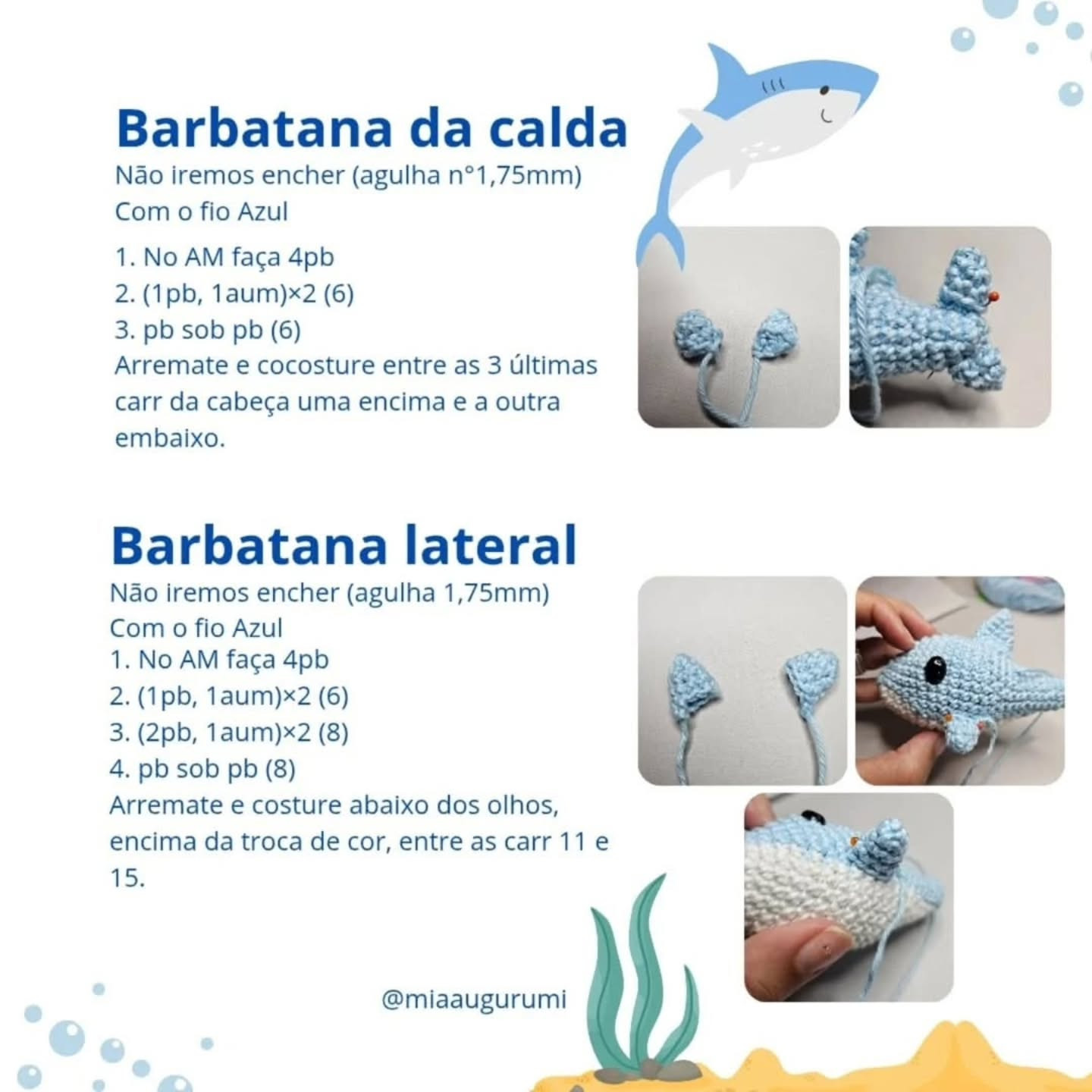 Tutuh - O tubarão bebê: Receita gratuita de amigurumi com fio azul e branco