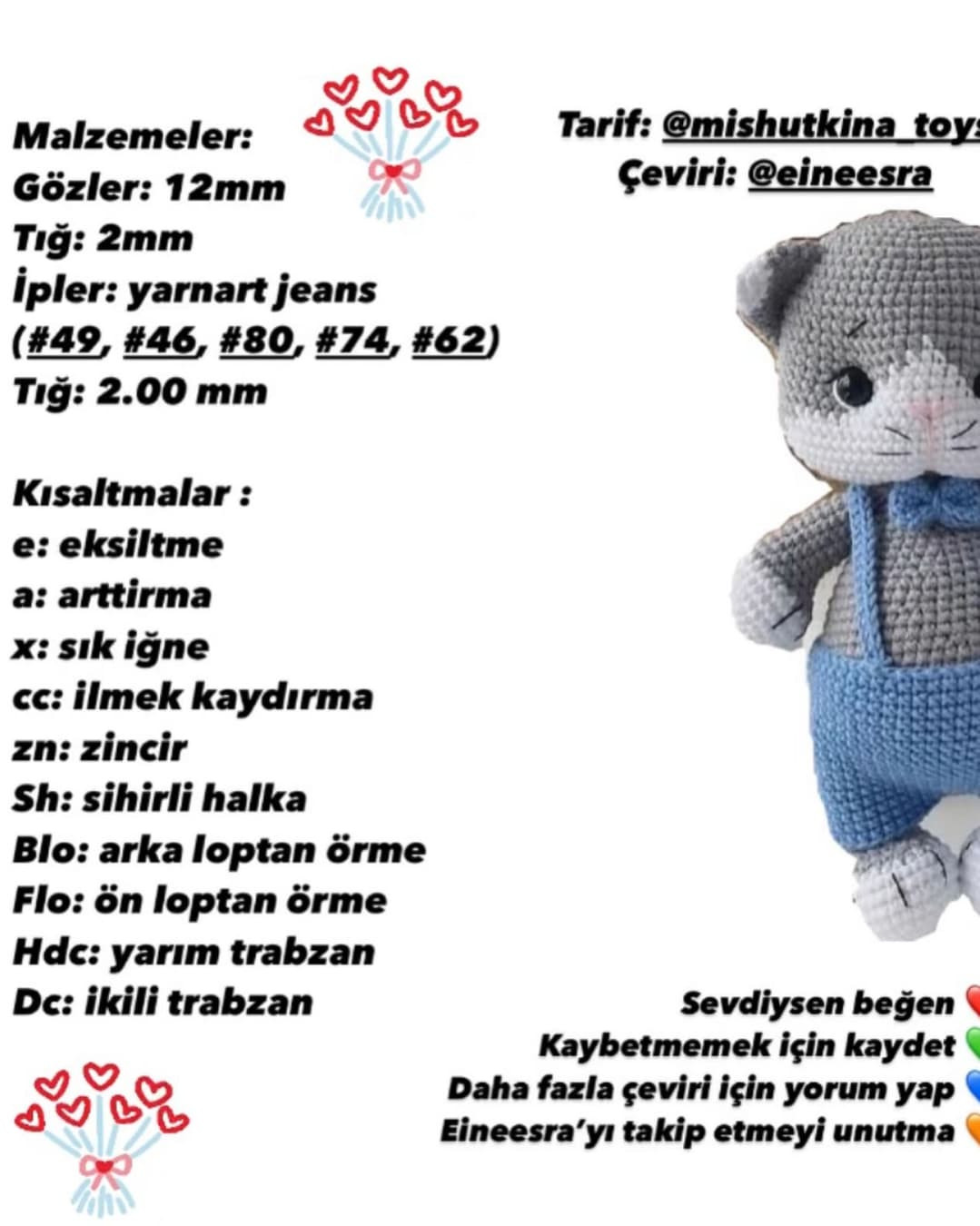 Ücretsiz Amigurumi Kedi Tarifi: Gri ve Beyaz Renkli, Mavi Şortlu Sevimli Oyuncak