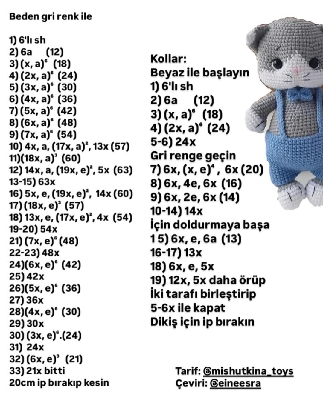Ücretsiz Amigurumi Kedi Tarifi: Gri ve Beyaz Renkli, Mavi Şortlu Sevimli Oyuncak