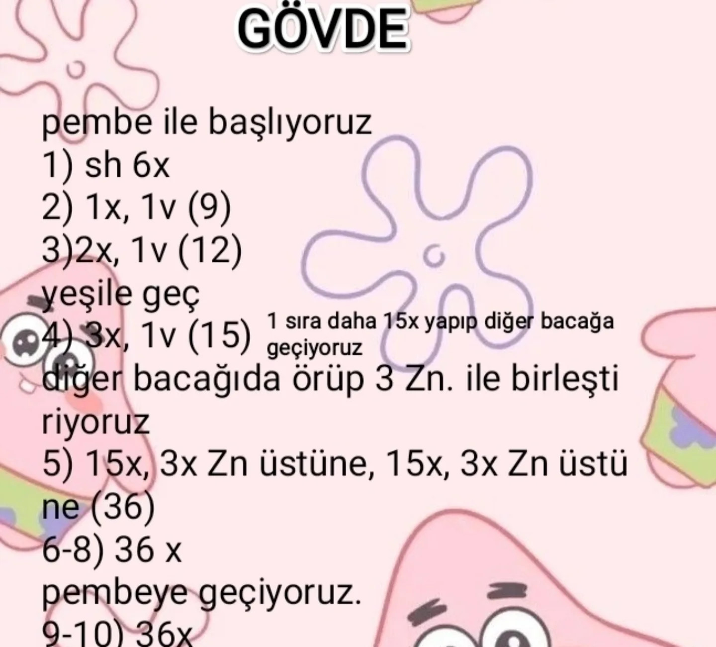 Ücretsiz Patrick Star Amigurumi Örgü Tarifi - Beden ve Kol Adımları
