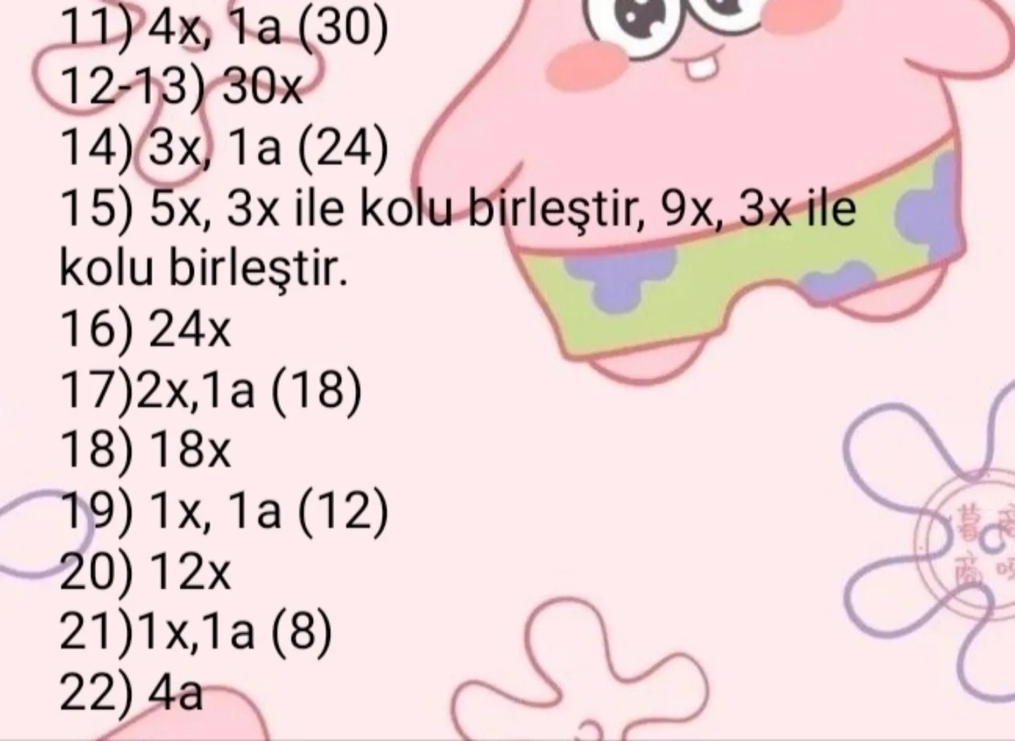 Ücretsiz Patrick Star Amigurumi Örgü Tarifi - Beden ve Kol Adımları
