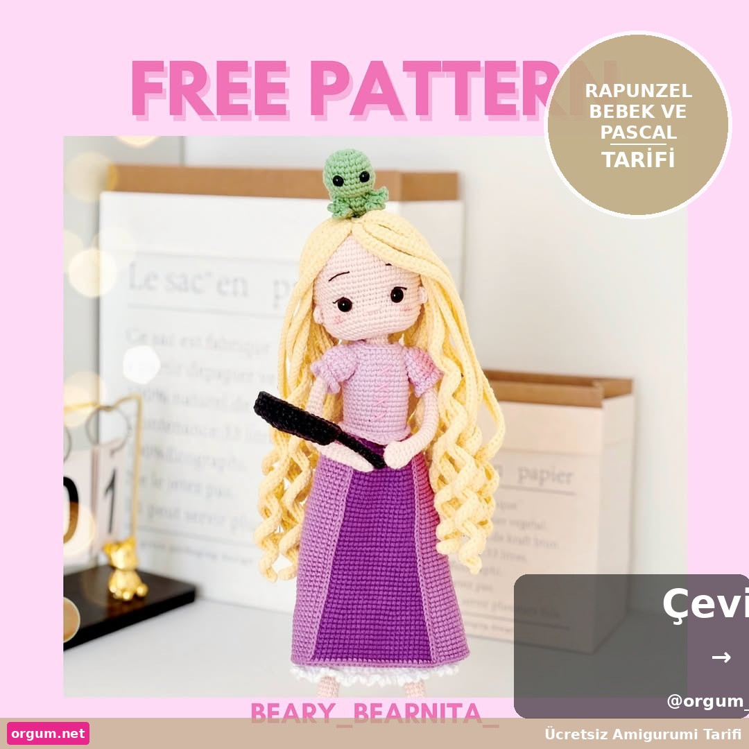 Ücretsiz Rapunzel ve Pascal Amigurumi Tarifi: Pembe-Mor Elbiseli Bébek Örgü Deseni