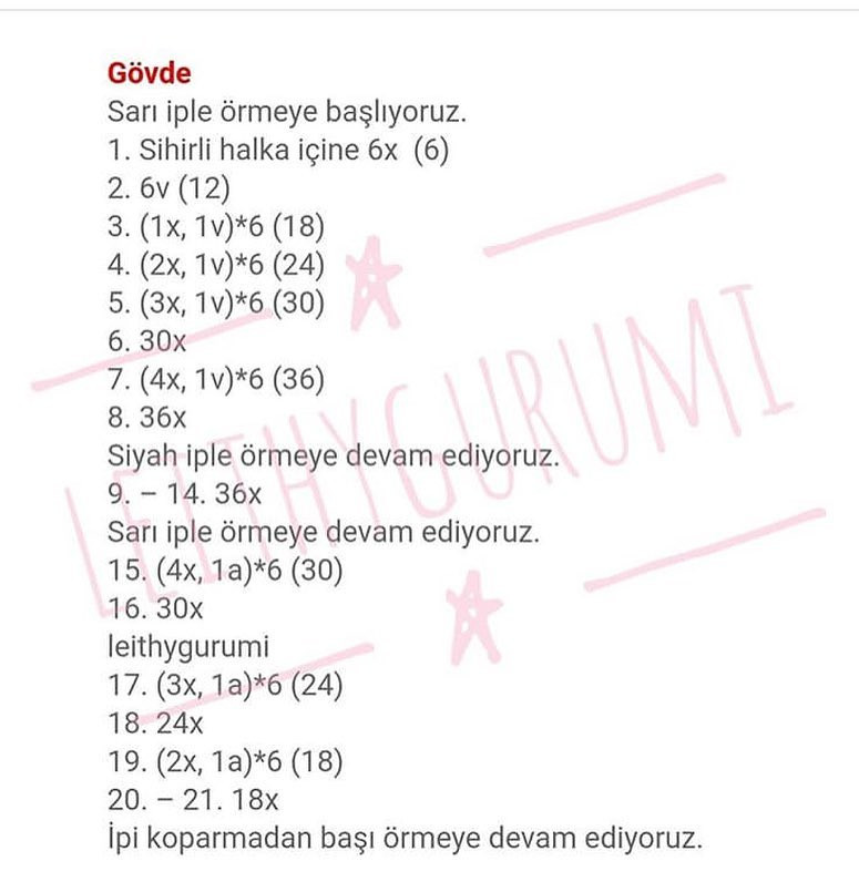 Ücretsiz Tarif: Leithygurumi Mısır Arısı Amigurumi Örgü Şeması - Gövde, Baş ve Kanatlar