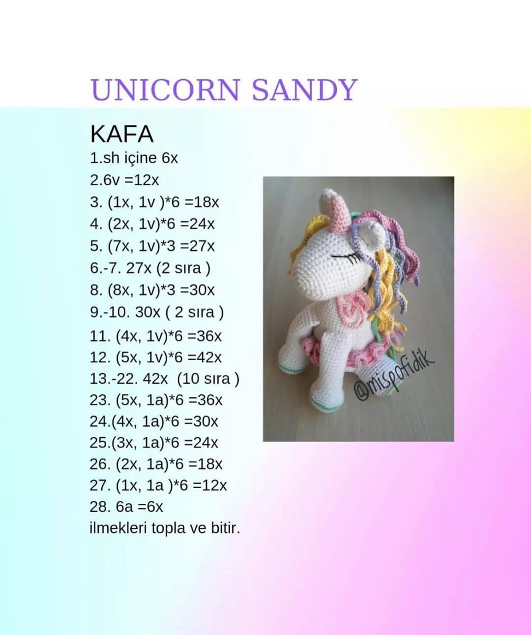 Ücretsiz Unicorn Sandy Amigurumi Örgü Tarifi - Kafadan Kuyruğa Detaylı Adım Adım Şema