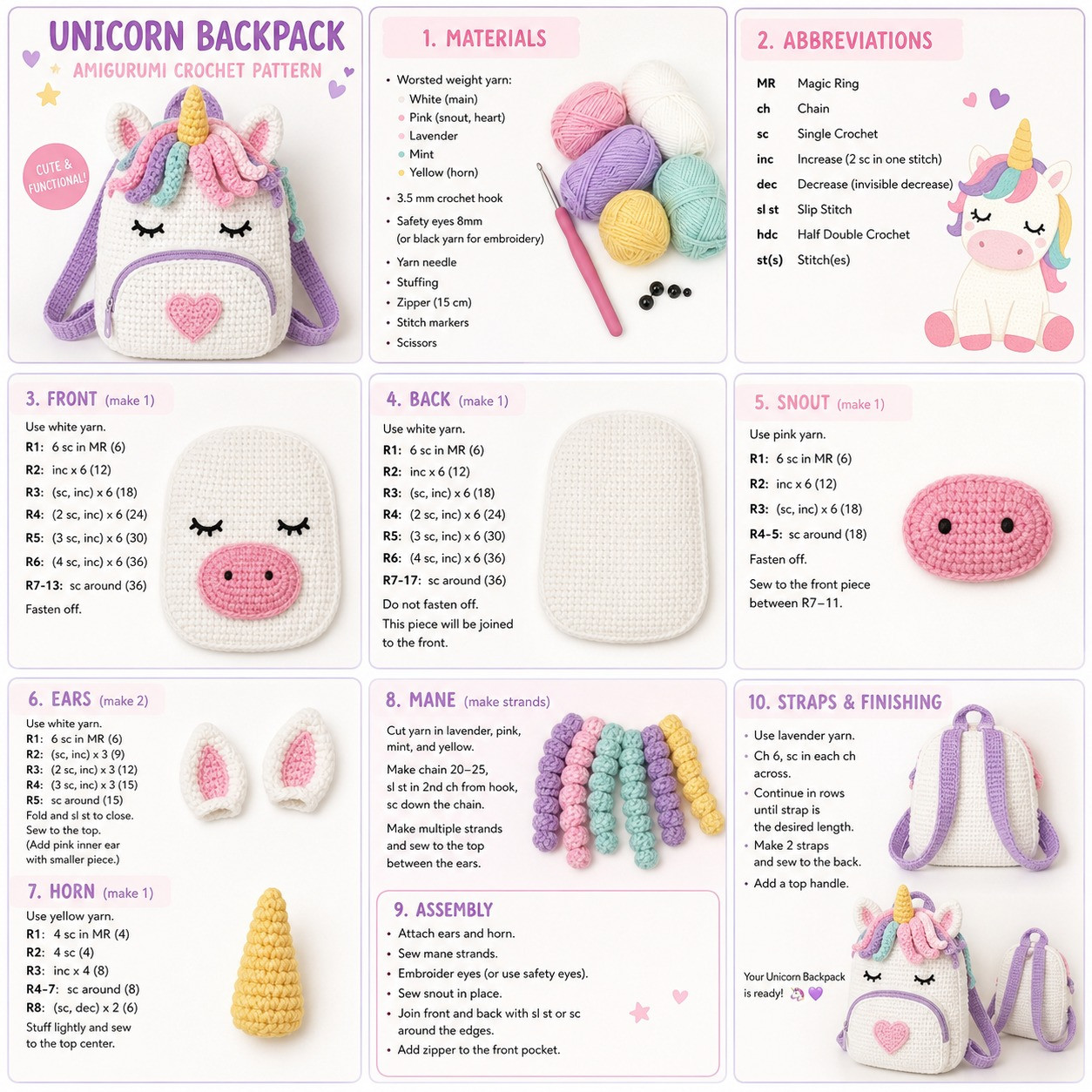 Unicorn Backpack Amigurumi Crochet Pattern: Free Step-by-Step Guide with Materials, Abbreviations, and Assembly Instructions