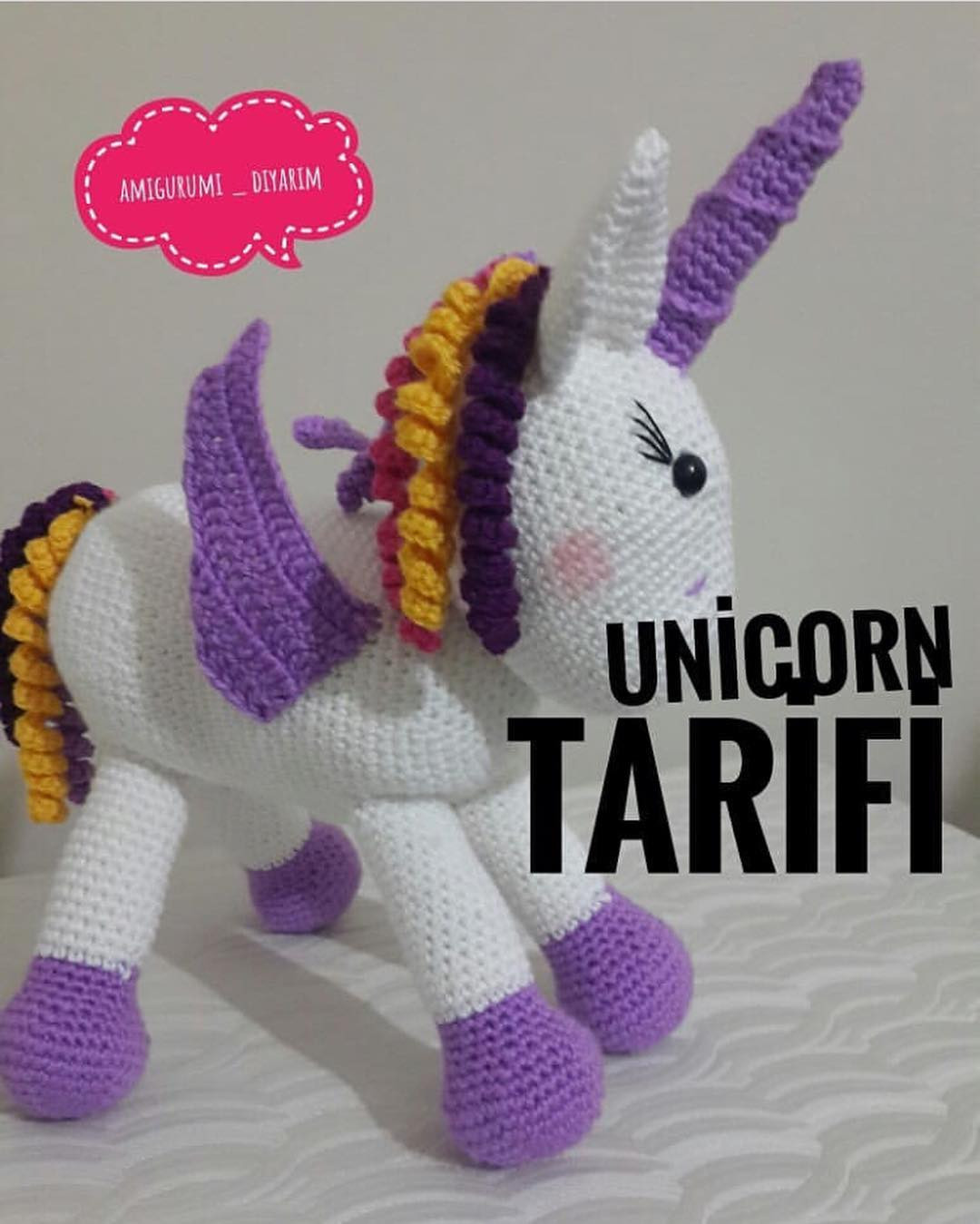 Unicorn Tarifi: Amigurumi Unicorn Pattern with Purple and White Colors