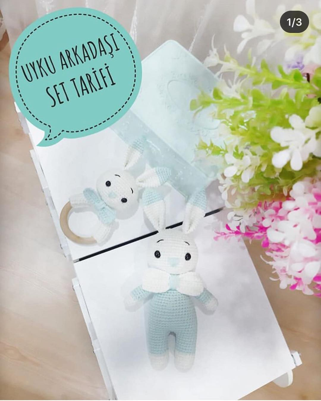 Uyku Arkadaşı Tavşan Set Tarifi: Búp bê thỏ và núm ty móc len màu xanh trắng