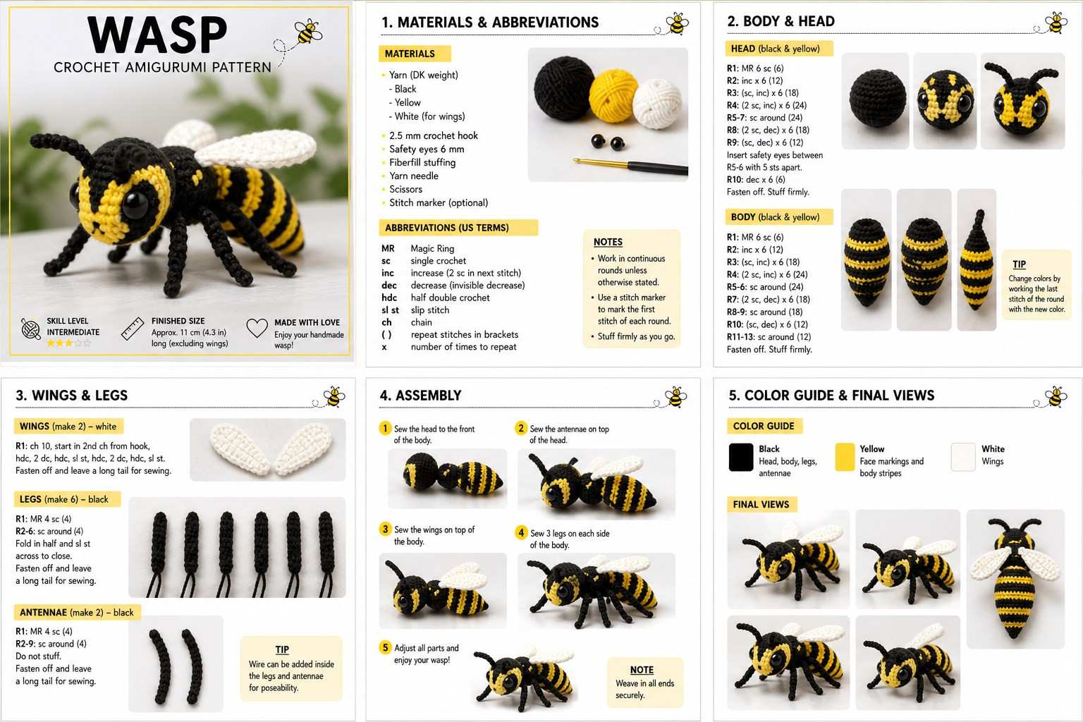 Wasp Crochet Amigurumi Pattern: Complete Guide with Materials, Abbreviations, and Assembly Steps