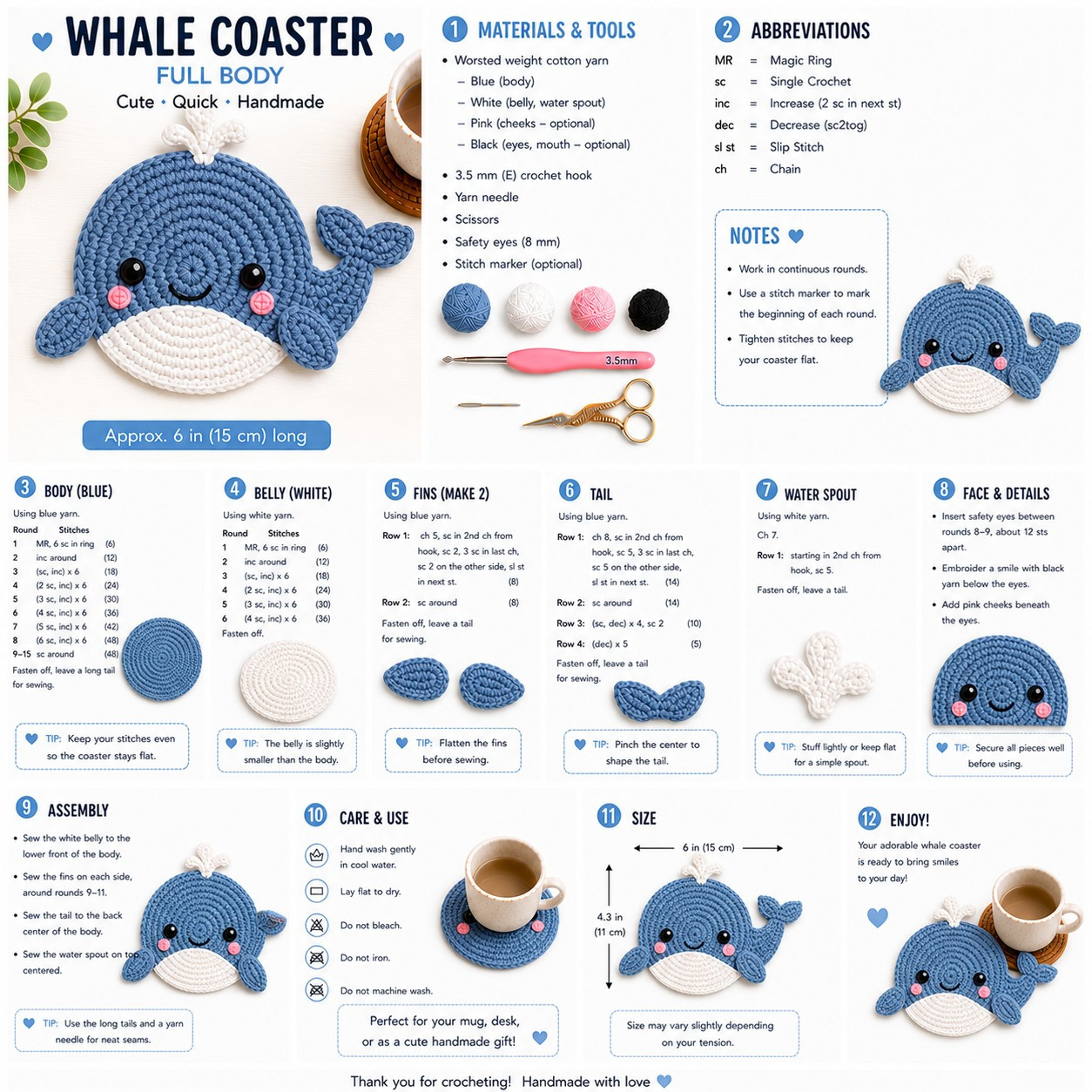 Whale Coaster Full Body Crochet Pattern Chart