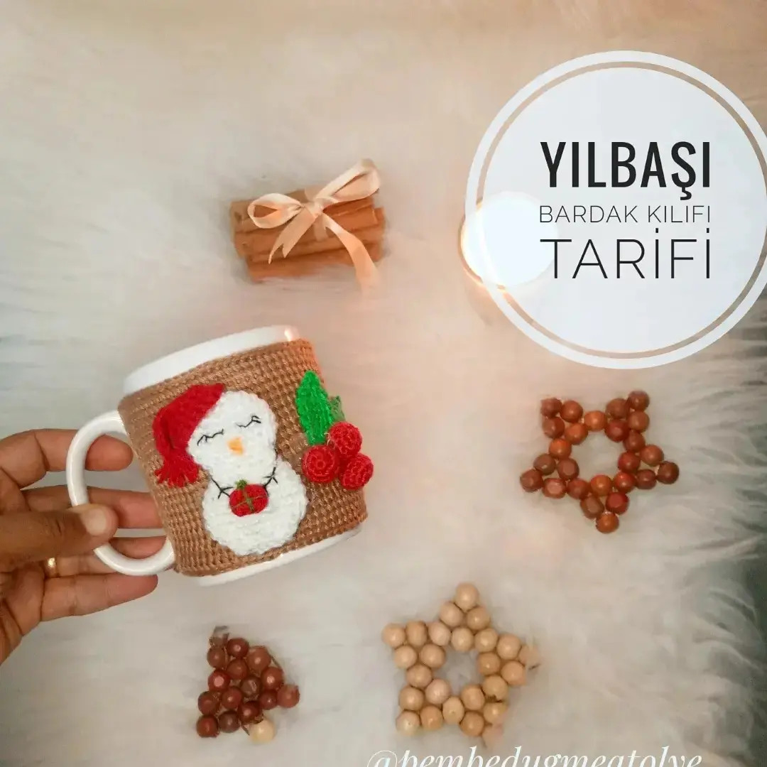 Yılbaşı Bardak Kılıfı Tarifi - Kar Adam ve Çilek Desenli Merserize İp Örgü