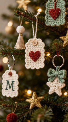 Adorno rectangular de crochet con corazón y borde festoneado