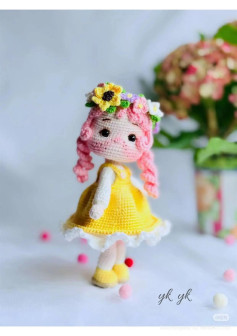 Amigurumi Crochet Doll Pattern with Pink Hair and Yellow Dress