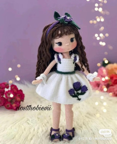 Amigurumi Crochet Pattern: Beautiful Girl Doll with White Dress and Purple Flowers