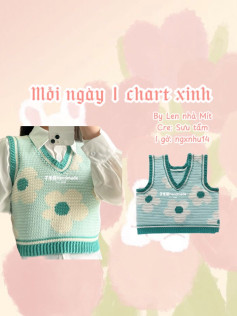 Áo len móc không tay họa tiết hoa cúc xanh mint, kèm chart hướng dẫn chi tiết