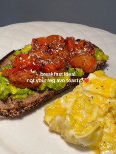 Avocado Toast with Roasted Cherry Tomato Confit and Scrambled Eggs