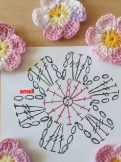 Beautiful decorative flower crochet pattern chart with pink, white and yellow colors