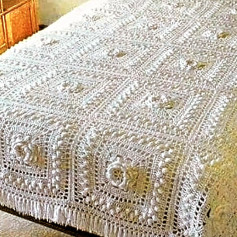 Beautiful White Crochet Bedspread with Floral Pattern and Detailed Chart Diagram
