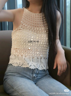 Beige Crochet Sequin Halter Top Chart with Lace Hem and Detailed Stitch Guide