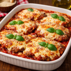 Bife à Parmegiana na Travessa: Carne Crocante com Molho de Tomate e Queijo Mussarela Derretido