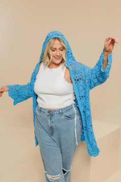 Blue Crochet Granny Square Hooded Cardigan Pattern with Full Sizing Charts