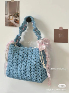 Blue Crochet Tote Bag with Pink Ribbon Decoration and Chart Pattern
