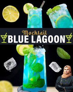 Blue Lagoon Mocktail Recipe with Homemade Blue Curacao Syrup, Lemon, Mint and Soda Water