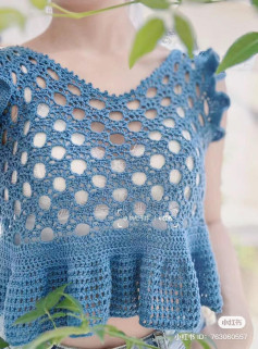 Blue Summer Breeze Crochet Top Pattern with Ruffled Edges and Eyelet Stitch Chart